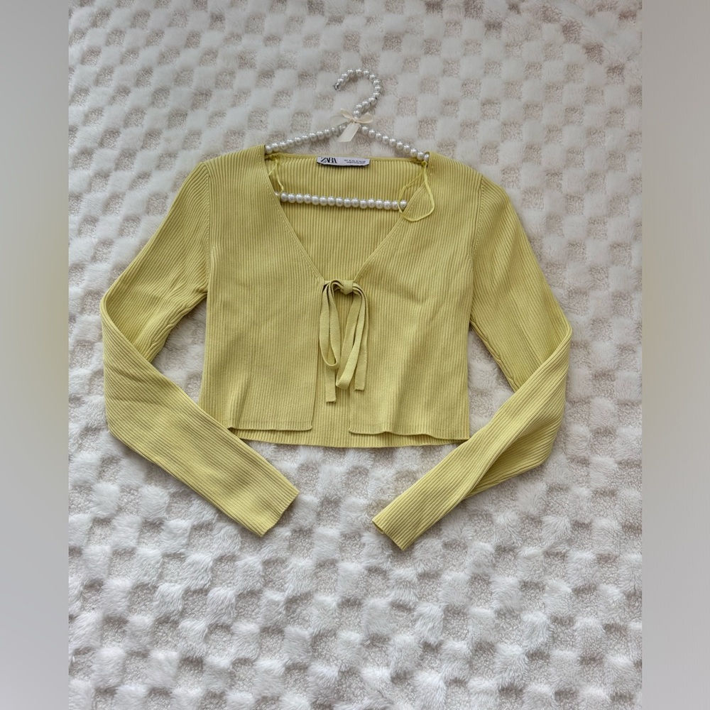 ZARA Lime cardigan knit tie up chest - Picture 4 of 4